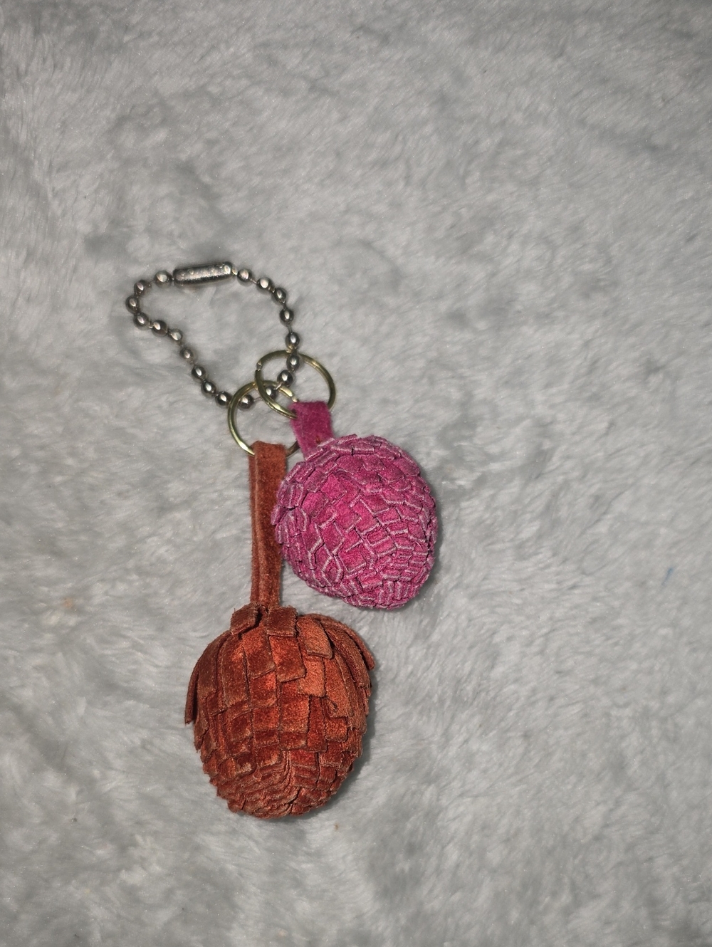 Coach Pink and Brown Leather Pom Pom Keychain Charm